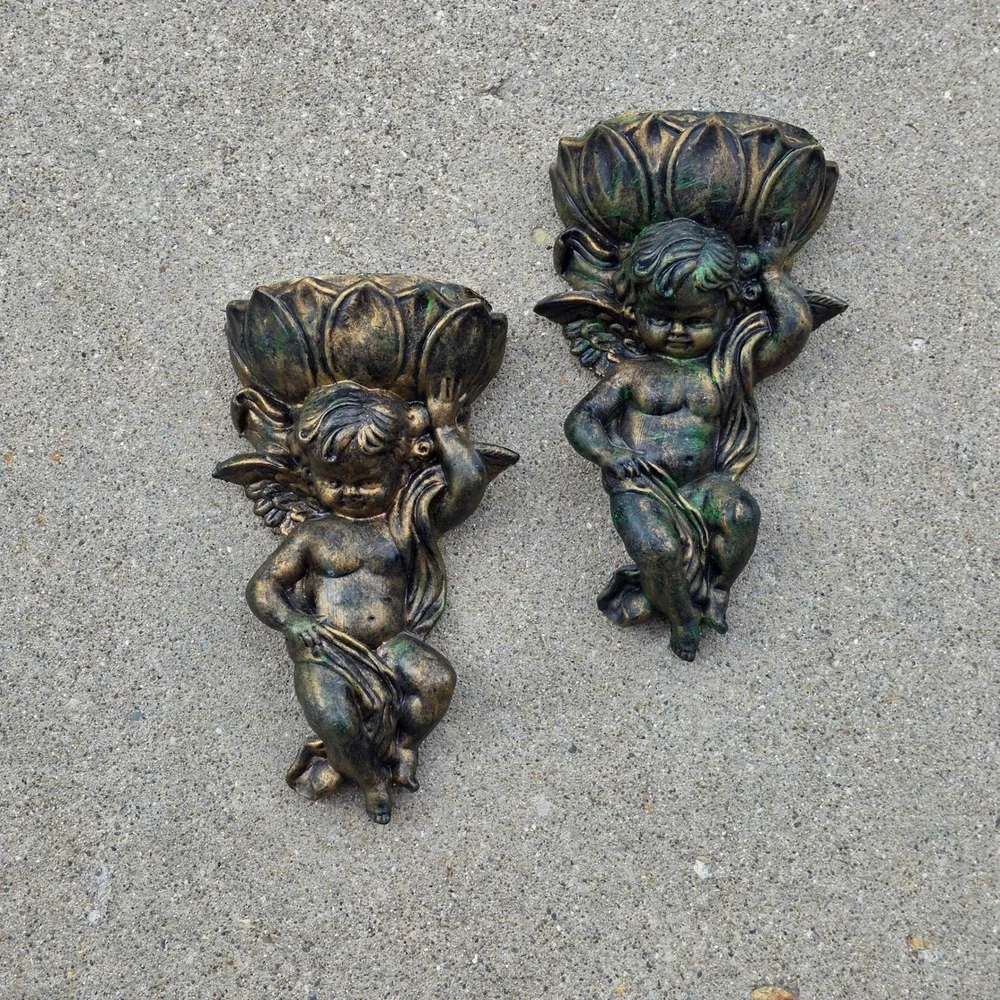 Vtg Inarco Cherub Wall Pocket Set Gold Winged Angel Planter light weight patina